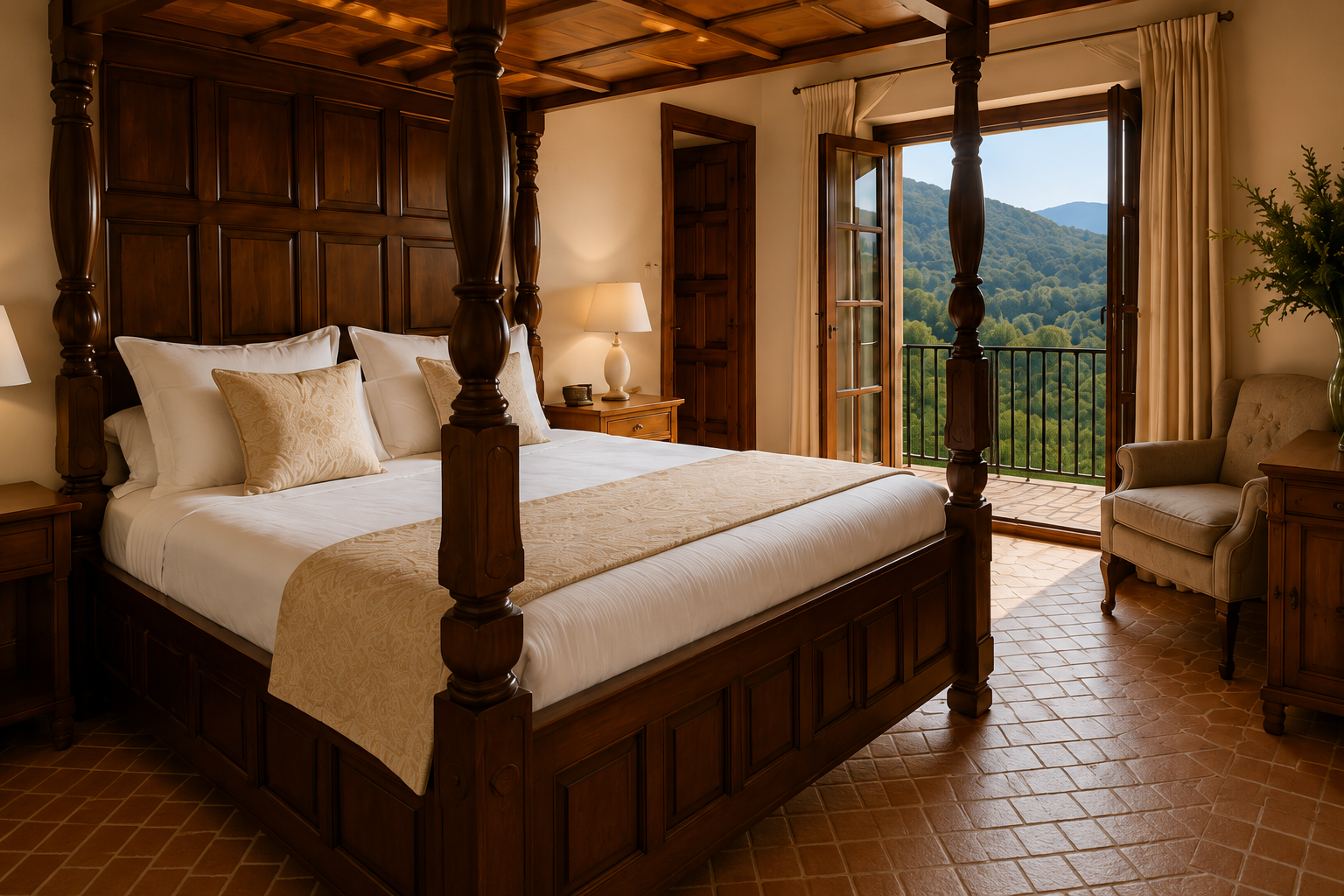 Sfeervolle slaapkamer met four-poster bed en uitzicht op de bergen